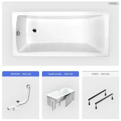 Besco Baignoire rectangulaire - 160 x 70 cm - avec Habillage - Pieds - Vidage Chrome - OPTIMA* Baignoire Droite