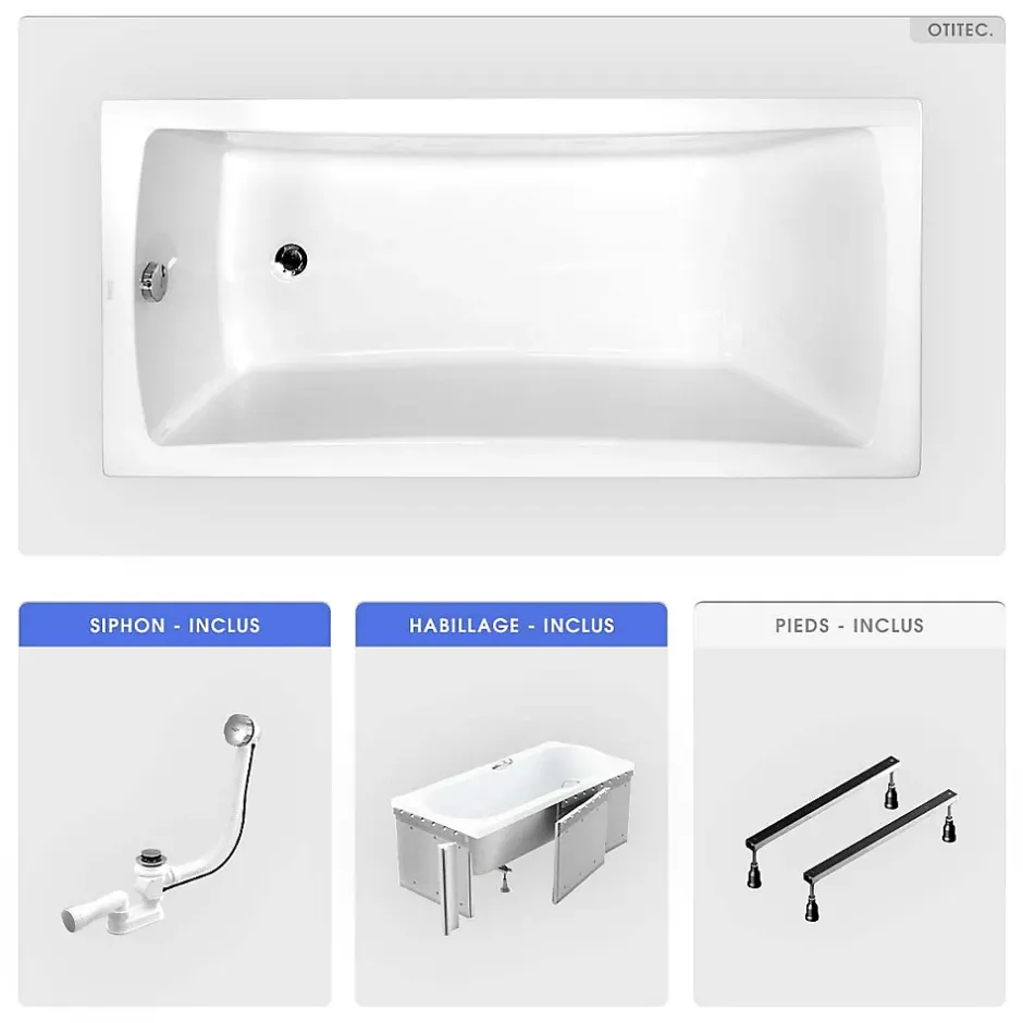 Besco Baignoire rectangulaire - 160 x 70 cm - avec Habillage - Pieds - Vidage Chrome - OPTIMA* Baignoire Droite