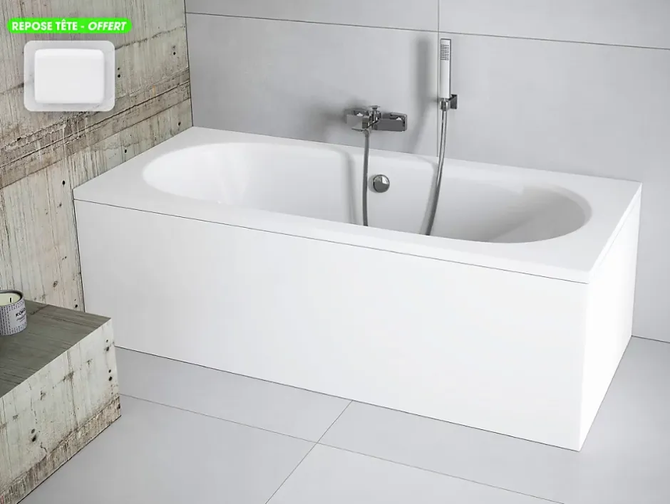 Besco Baignoire rectangulaire - avec Tablier Blanc et Repose Tête OFFERT - VITAE - 180 x 80 cm
