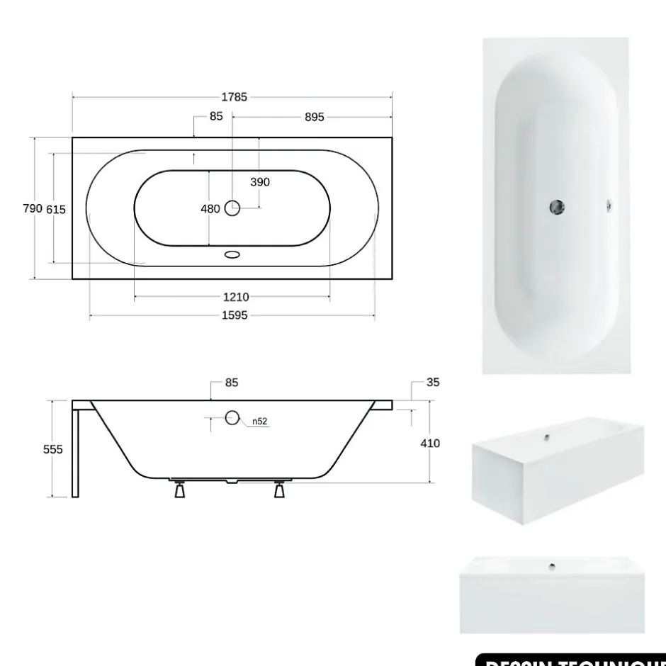 Besco Baignoire rectangulaire - avec Tablier Blanc et Repose Tête OFFERT - VITAE - 180 x 80 cm