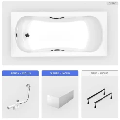 Besco Baignoire rectangulaire - 140 x 70 cm - avec Tablier Blanc - Pieds - Poignées - Vidage Chrome - ARIA PLUS* Baignoire Droite