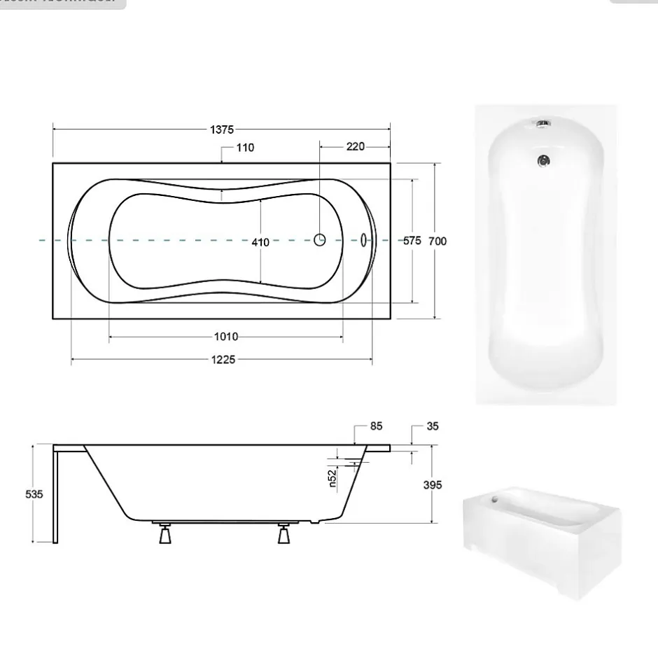 Besco Baignoire rectangulaire - 140 x 70 cm - avec Tablier Blanc - Pieds - Poignées - Vidage Chrome - ARIA PLUS* Baignoire Droite