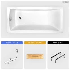 Besco Baignoire rectangulaire - 160 x 70 cm - sans Habillage - avec Pieds - Étagère bambou - Vidage Chrome - OPTIMA* Baignoire Droite