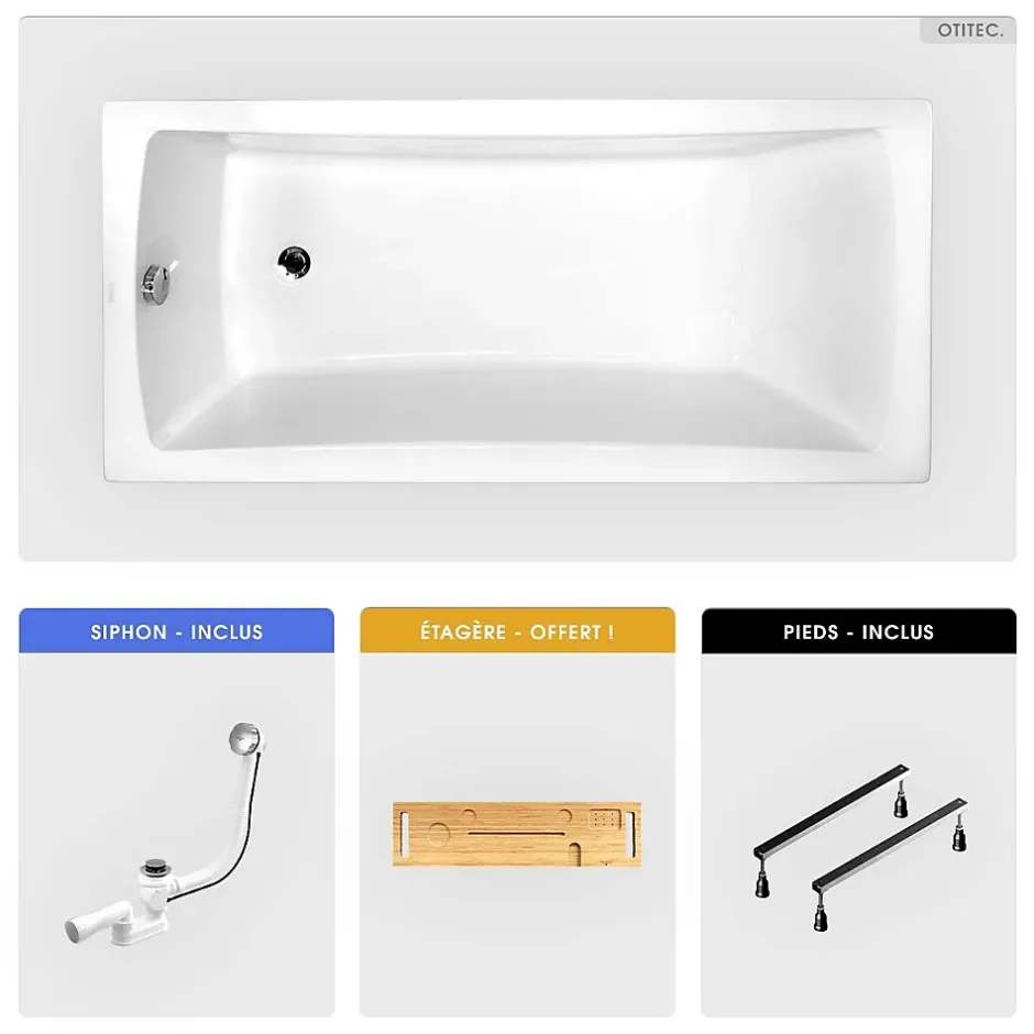 Besco Baignoire rectangulaire - 160 x 70 cm - sans Habillage - avec Pieds - Étagère bambou - Vidage Chrome - OPTIMA* Baignoire Droite