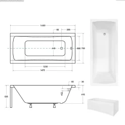 Besco Baignoire rectangulaire - 160 x 70 cm - sans Habillage - avec Pieds - Étagère bambou - Vidage Chrome - OPTIMA* Baignoire Droite