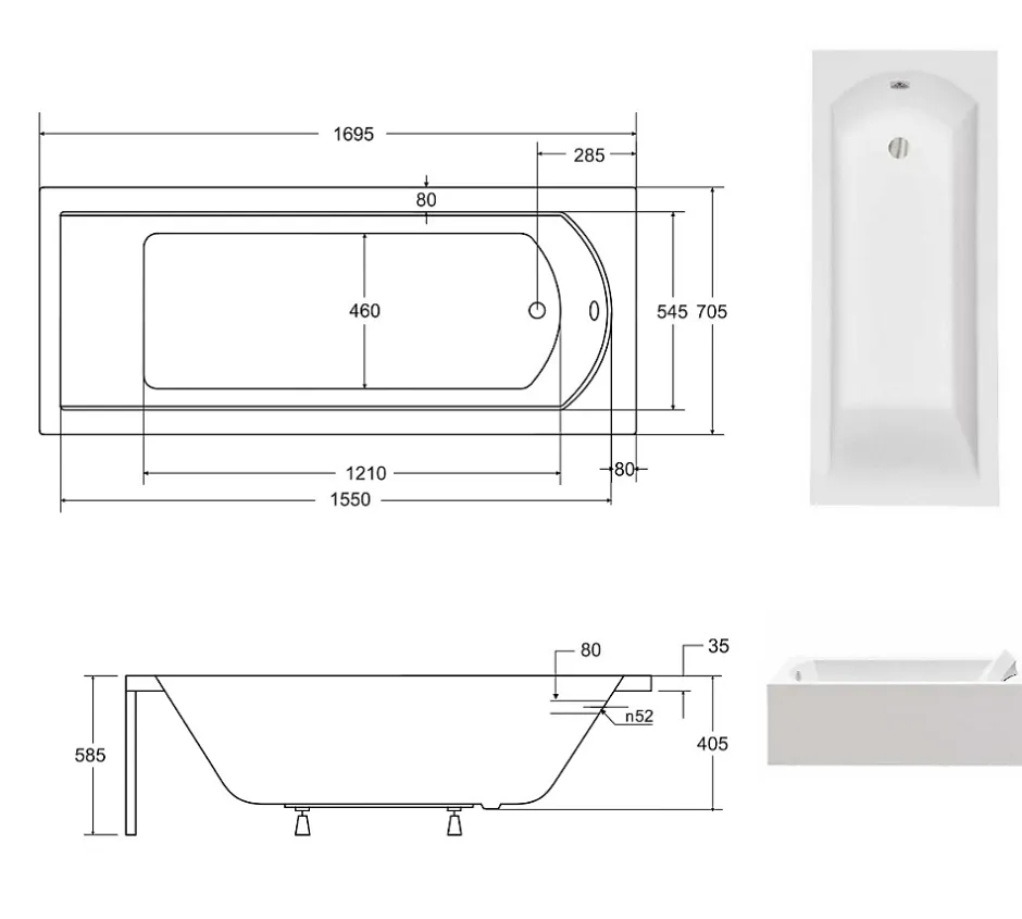 Besco Baignoire rectangulaire + tablier blanc + repose tête - SHEA - 170 x 70 cm