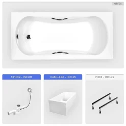 Besco Baignoire rectangulaire - 140 x 70 cm - avec Habillage Polystyrène - Pieds - Poignées - Vidage Chrome - ARIA PLUS