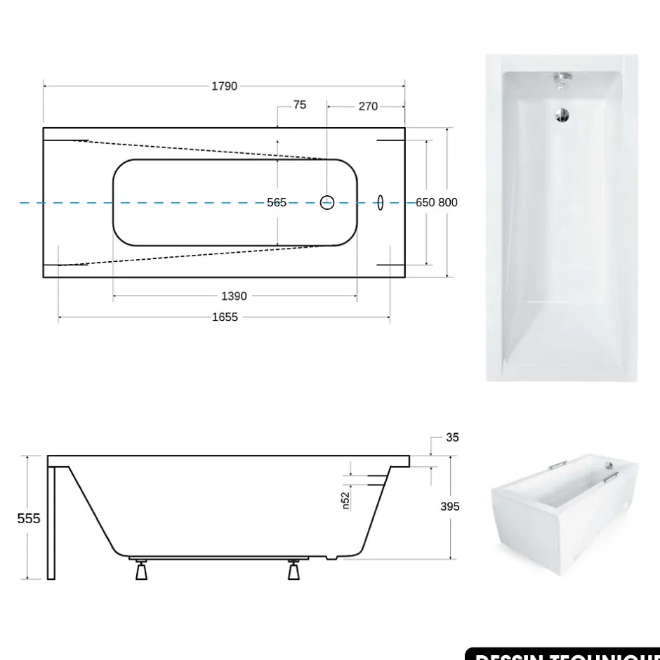 Besco Baignoire rectangulaire - avec Tablier Noir Mat et Repose Tête OFFERT - MODERN - 180 x 80 cm
