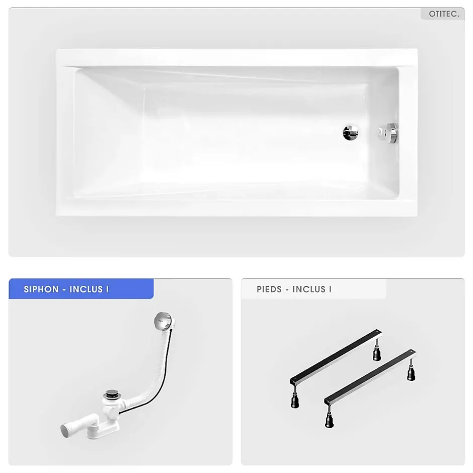 Besco Baignoire rectangulaire - 180 x 80 cm - sans Habillage - avec Pieds - Vidage Chrome - MODERN* Baignoire Droite