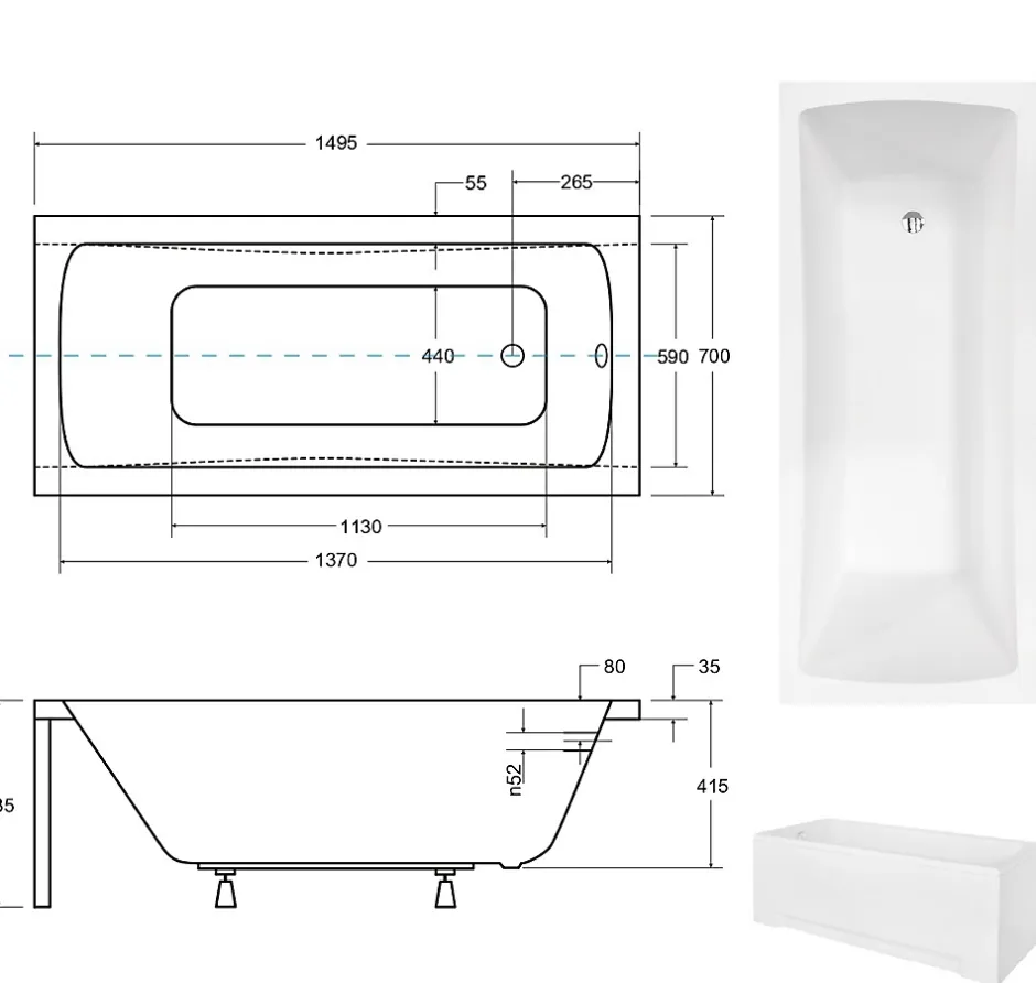 Besco Baignoire rectangulaire + tablier blanc + repose tête - OPTIMA - 150 x 70 cm* Baignoire Droite