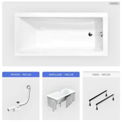 Besco Baignoire rectangulaire - 130 x 70 cm - avec Habillage - Pieds - Vidage Chrome - MODERN