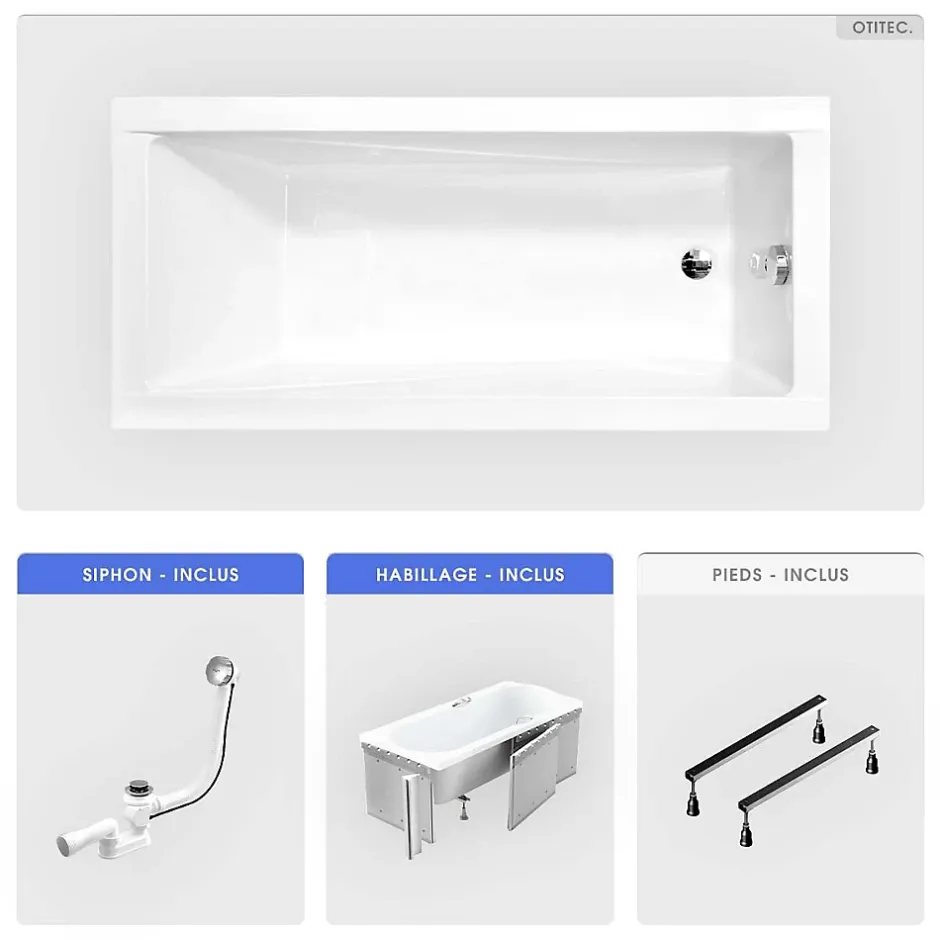 Besco Baignoire rectangulaire - 130 x 70 cm - avec Habillage - Pieds - Vidage Chrome - MODERN