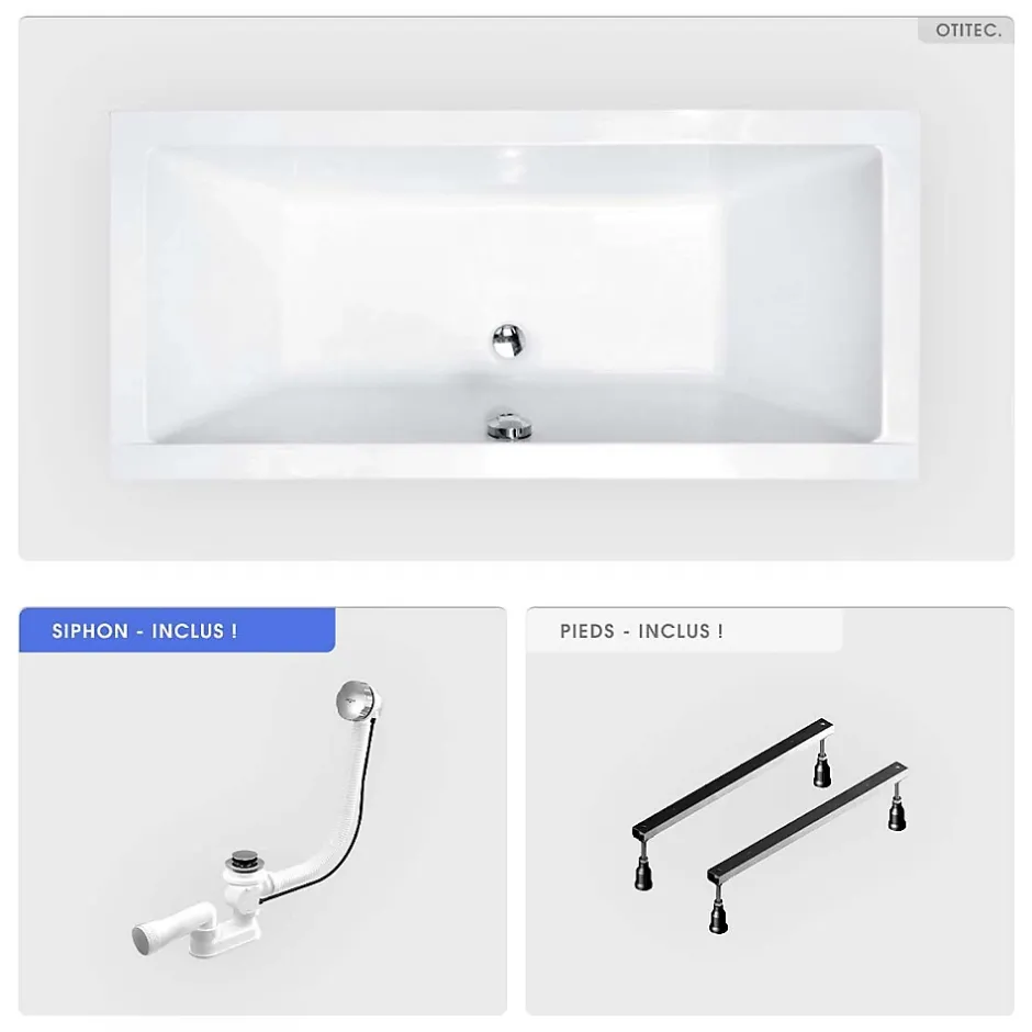 Besco Baignoire rectangulaire - 155 x 70 cm - sans Habillage - avec Pieds - Vidage Chrome - QUADRO SLIM