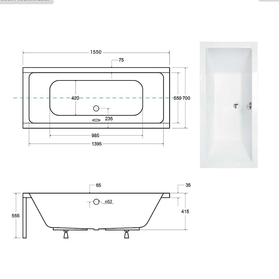 Besco Baignoire rectangulaire - 155 x 70 cm - sans Habillage - avec Pieds - Vidage Chrome - QUADRO SLIM