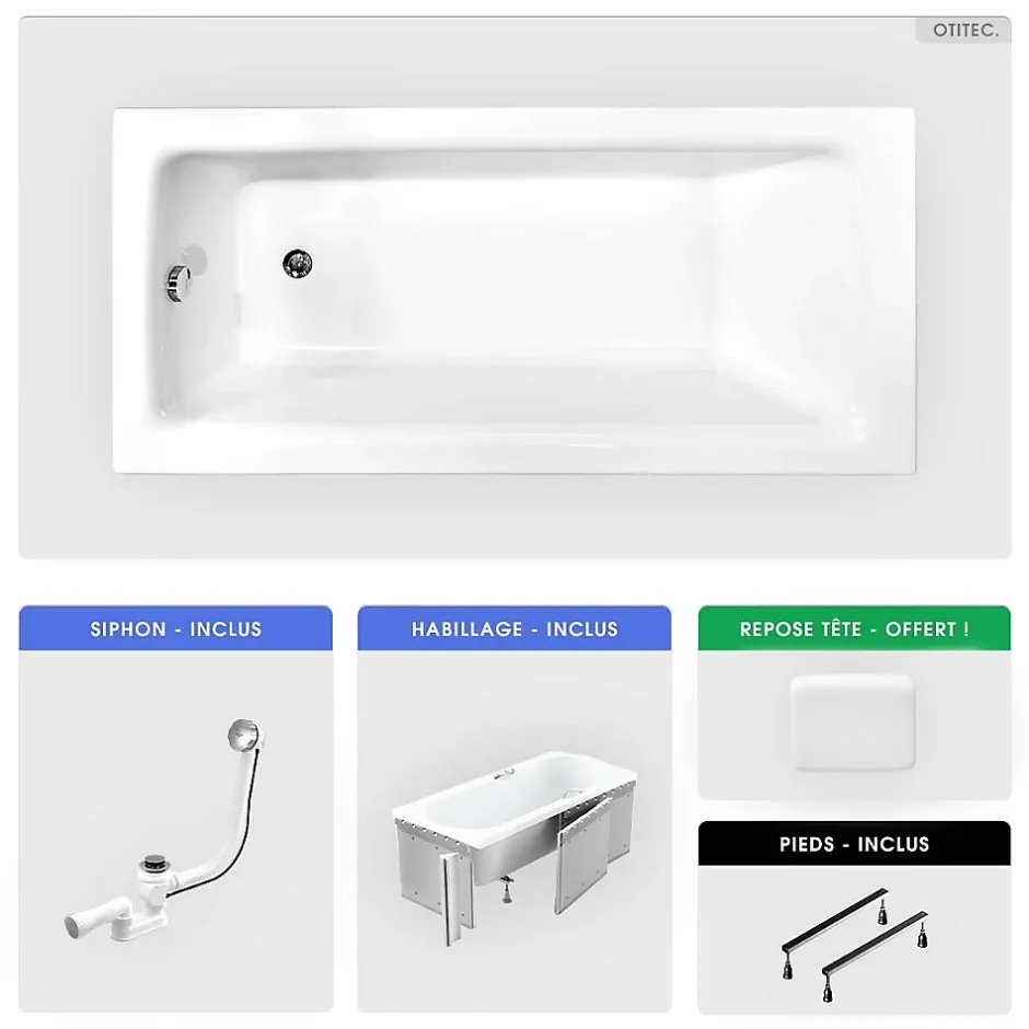 Besco Baignoire rectangulaire - 170 x 75 cm - avec Habillage - Pieds - Poignées - Repose-tête - Vidage Chrome - TALIA PREMIUM* Baignoire Droite