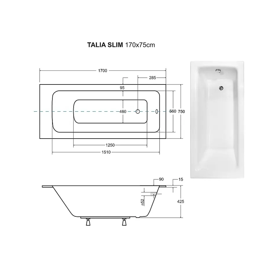 Besco Baignoire rectangulaire blanche à encastrer + repose tête - 170 x 75 cm - TALIA SLIM