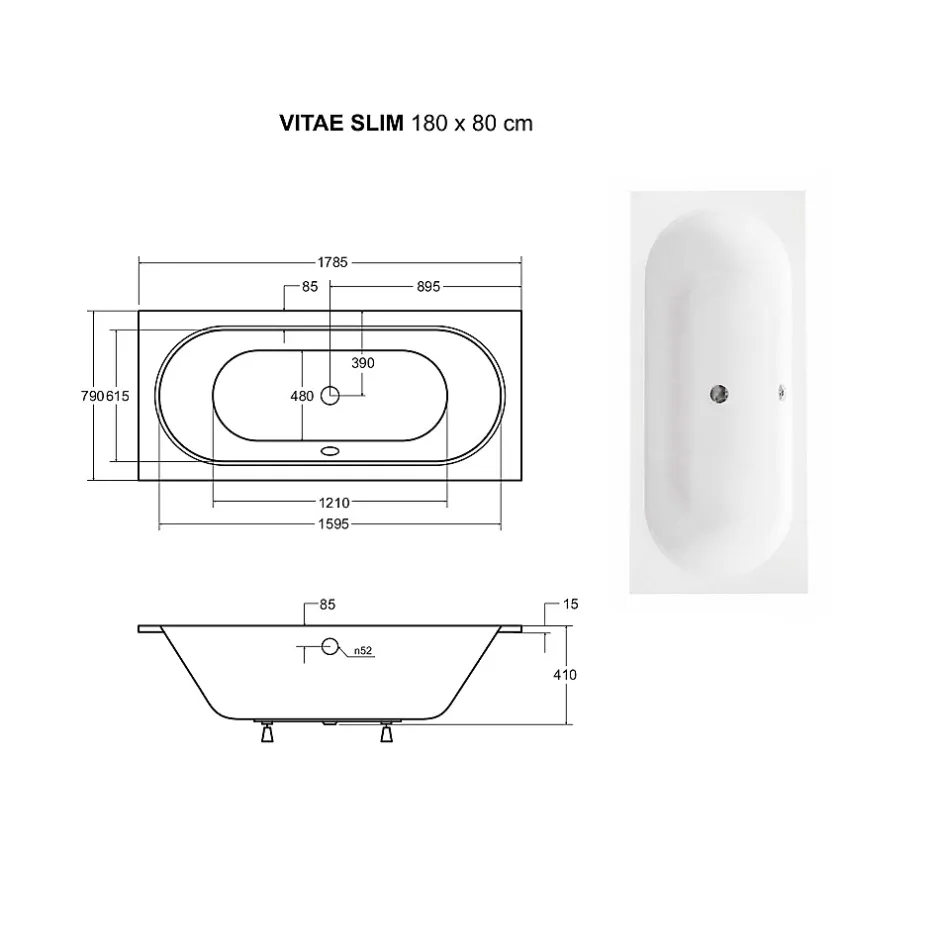 Besco Baignoire rectangulaire blanche à encastrer + repose tête - 180 x 80 cm - VITAE SLIM* Baignoire Droite