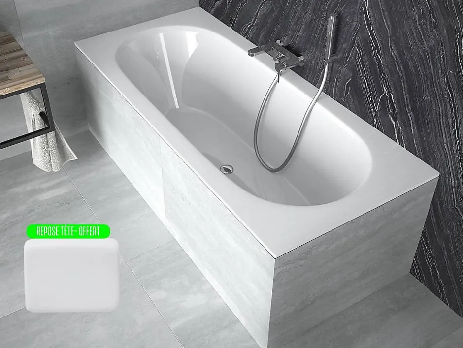 Besco Baignoire rectangulaire blanche à encastrer + repose tête - 170 x 75 cm - VITAE SLIM* Baignoire Droite