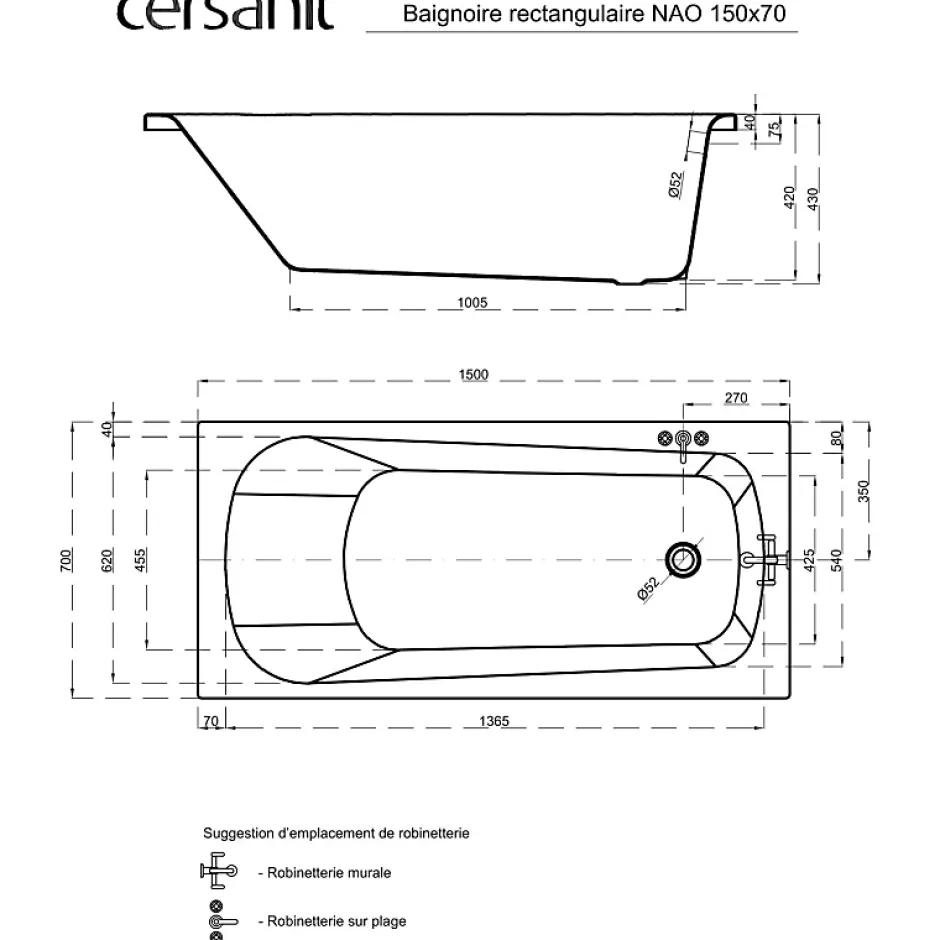 Planète Bain Baignoire rectangulaire gain de place 150x70 cm NAO encastrable (SANS TABLIER)