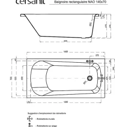 Planète Bain Baignoire rectangulaire gain de place 140x70 cm NAO encastrable (SANS TABLIER)* Baignoire Droite