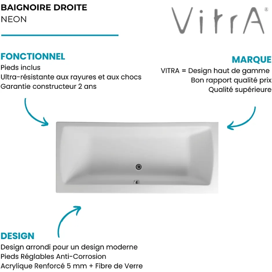 Vitra Baignoire rectangulaire Neon avec pied 170x75cm Blanc