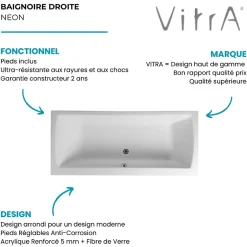 Vitra Baignoire rectangulaire Neon avec pied 180x80cm Blanc* Baignoire Droite