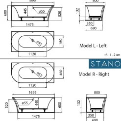 Stano Baignoire semi-îlot design ELIZABETH blanche 170 cm Angle à droite* Baignoire Îlot