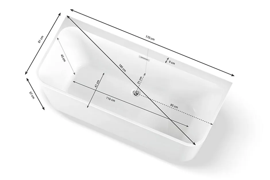 Spalina Baignoire semi-îlot murale Mint 170, blanc, 170x81 cm, by* Baignoire Îlot