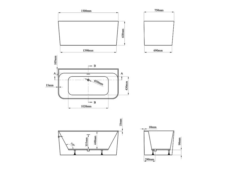 Vente-unique Baignoire semi-îlot rectangulaire - 216L - 150 x 75 x 60 cm - Blanc brillant - Acrylique - ATESA* Baignoire Îlot