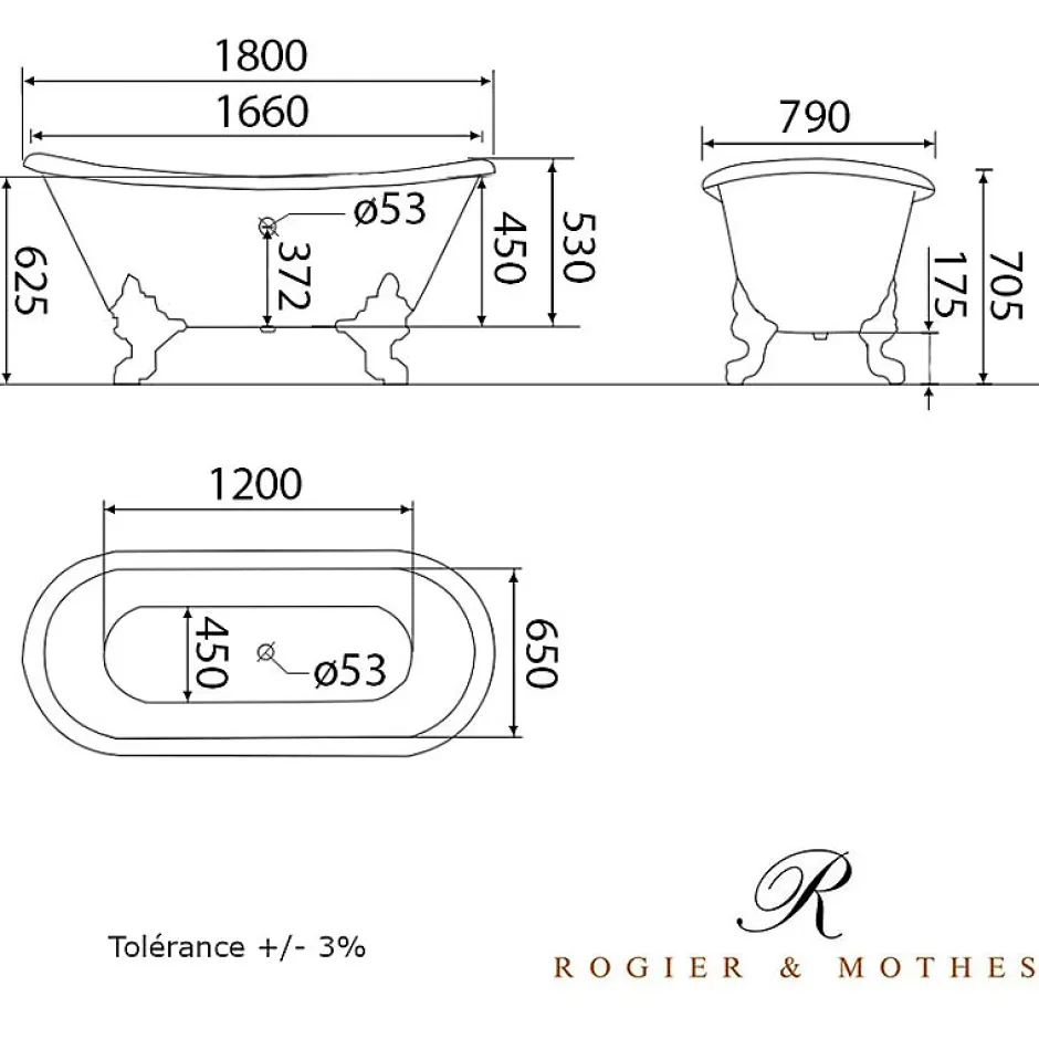 Rogier & Mothes Baignoire sur pieds en fonte BRADFORD Blanche 180 cm Pieds chromes* Baignoire Îlot