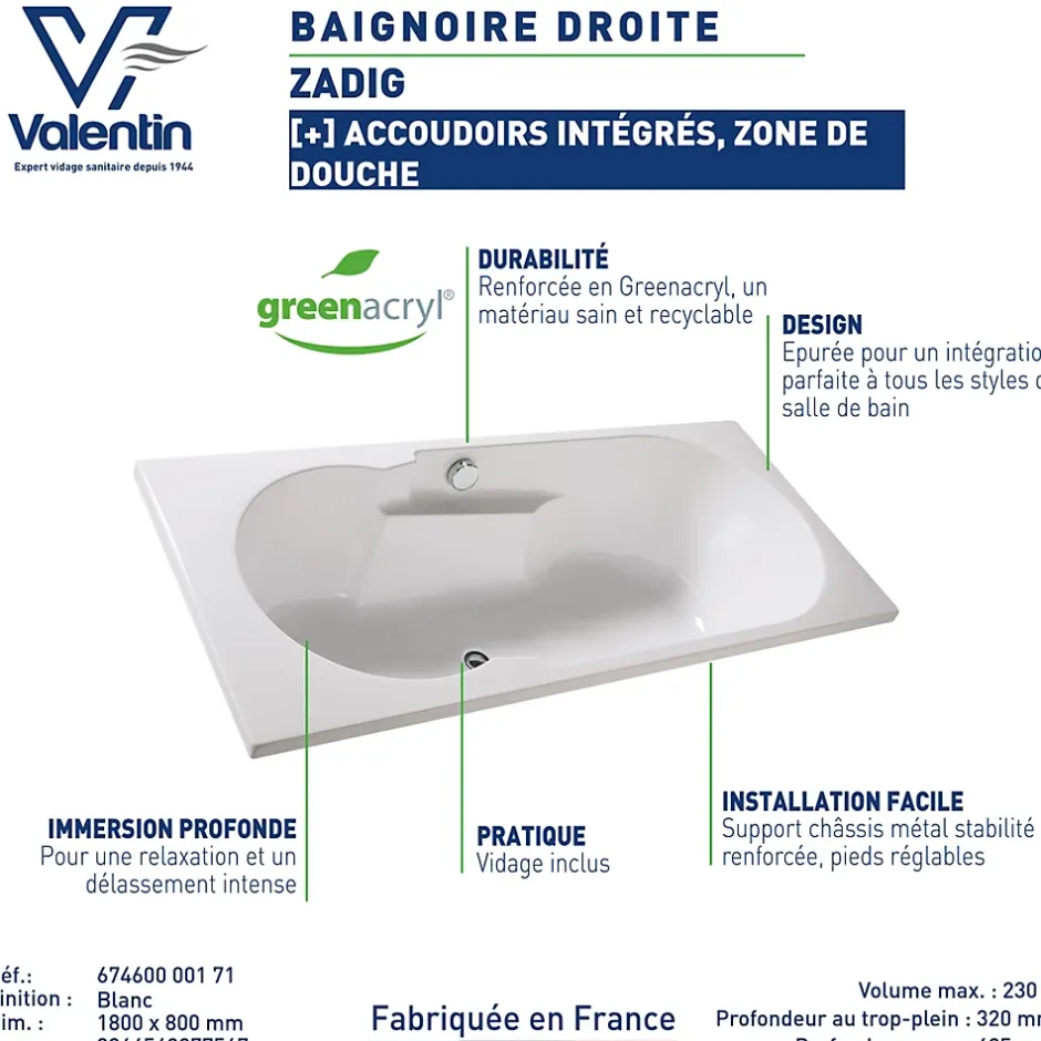 Valentin Baignoire Zadig 180 x 80 cm sans tablier
