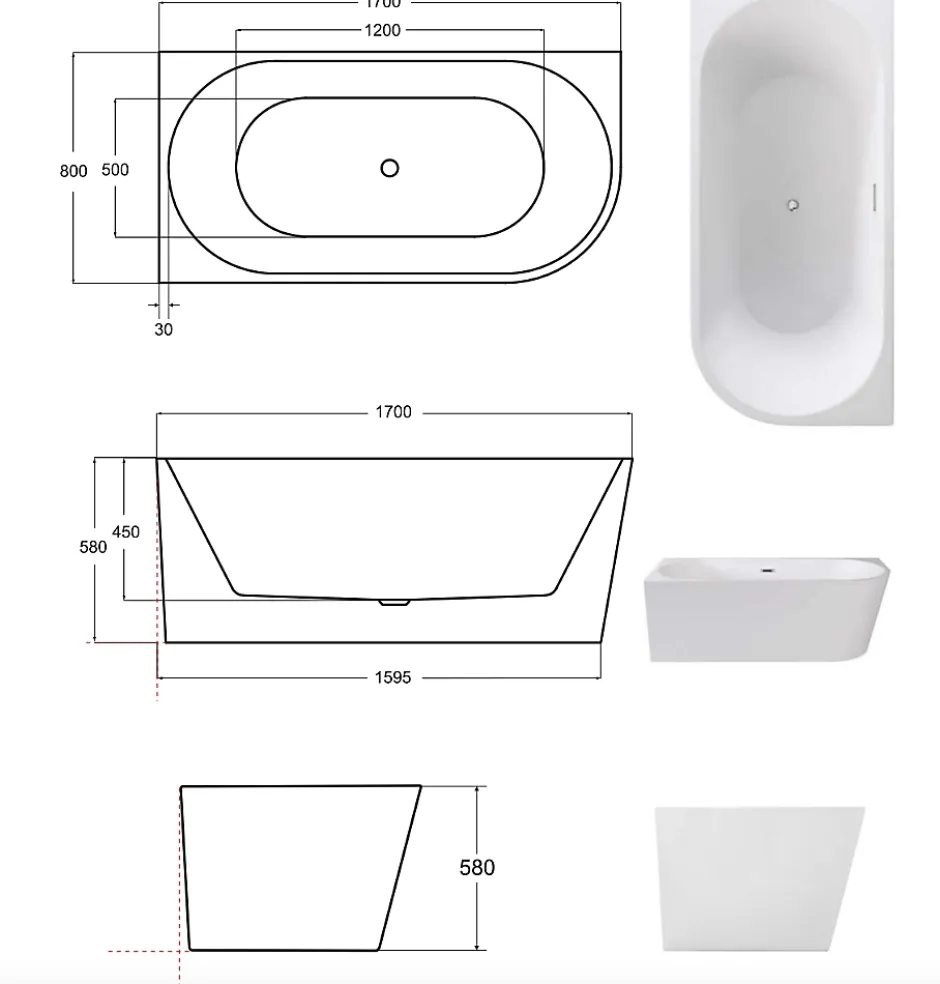 Azura Home Design Baignoire ZOYA angle droit - 170 x 80 cm* Baignoire Îlot