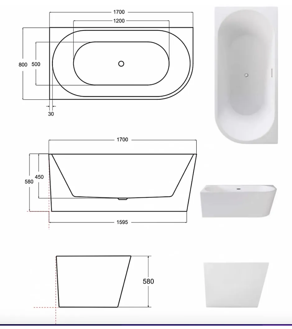 Azura Home Design Baignoire ZOYA angle droit - 170 x 80 cm* Baignoire Îlot