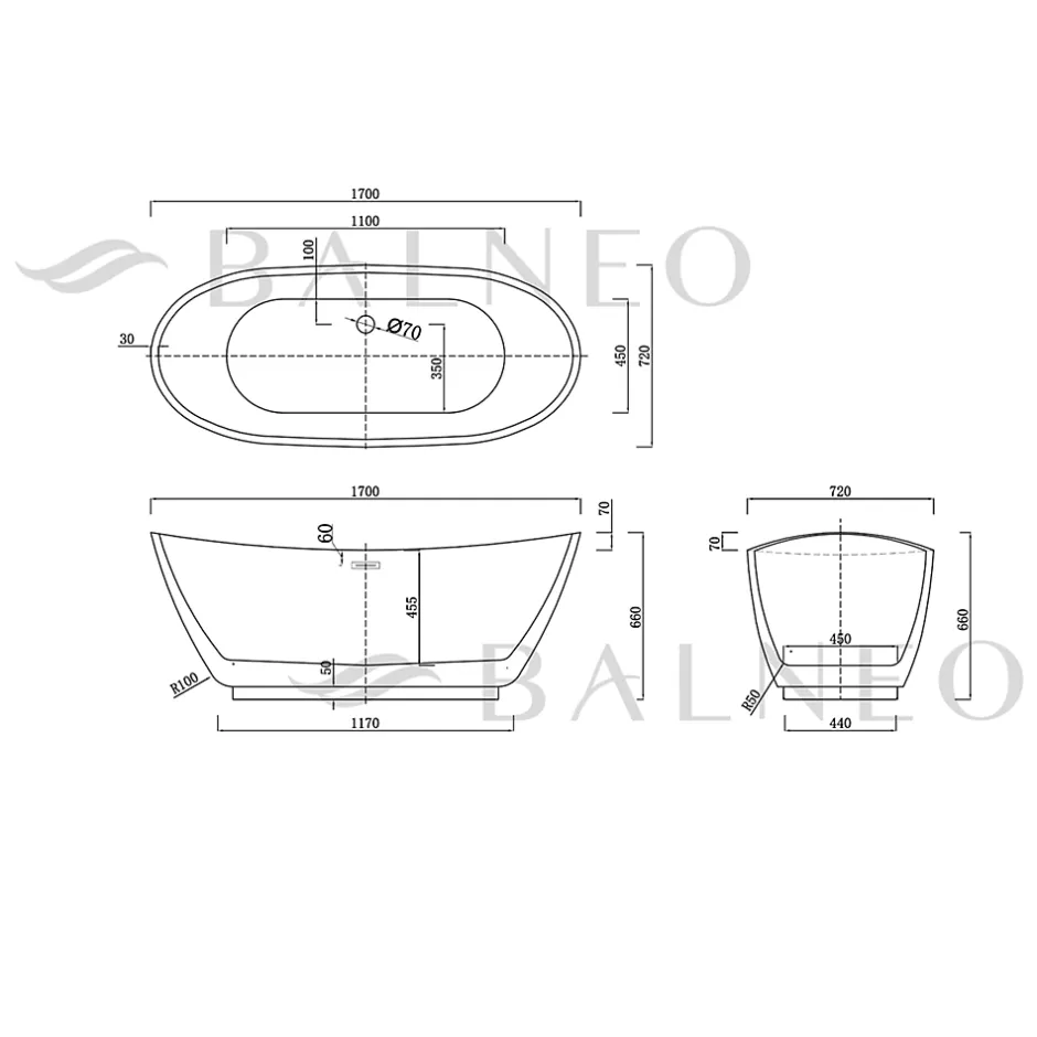 Balneo Baignoire autoportante 170x72cm, accessoires inox, Acrylique thermoformé 3.5mm, avec pieds réglables, PARMA