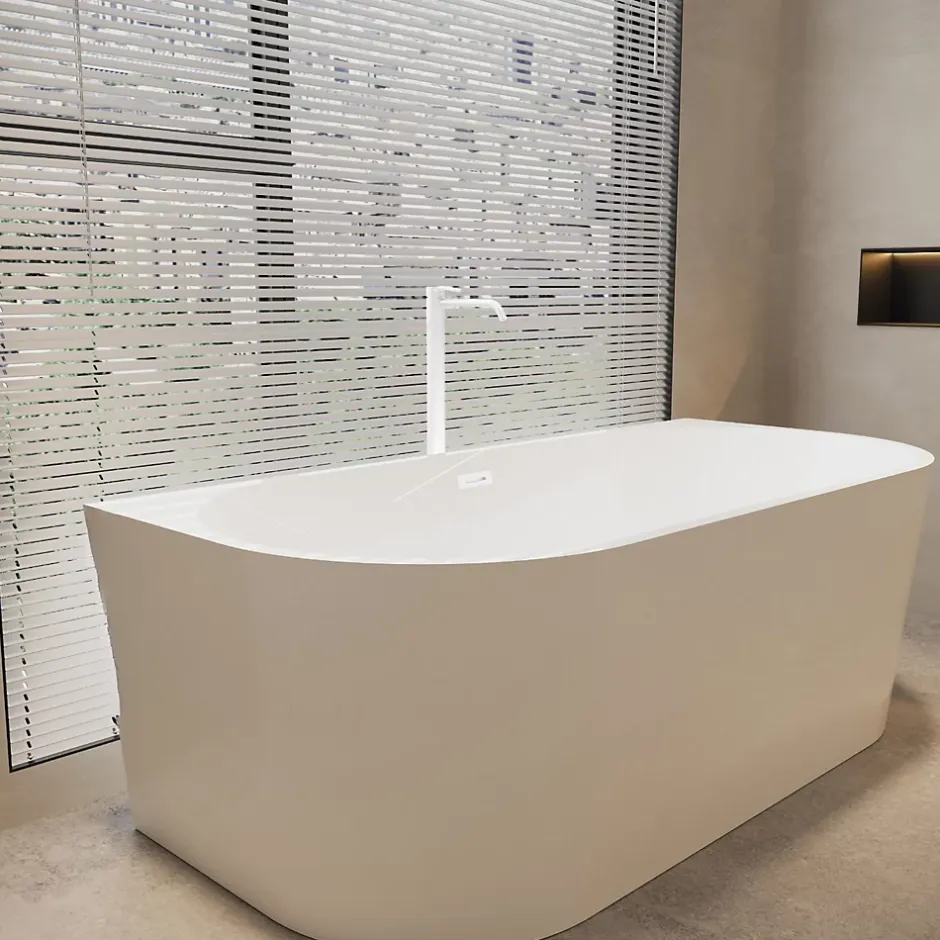 Balneo Baignoire blance semi-îlot Murale 150x75cm, accessoires blanc, Acrylique thermoformé 3.5mm, avec pieds réglables, VIVA* Baignoire Îlot