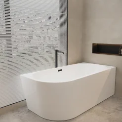 Balneo Baignoire semi-îlot Murale 160x80cm droite, accessoires noir, Acrylique thermoformé 3.5mm, avec pieds réglables, AVOLA* Baignoire Asymétrique