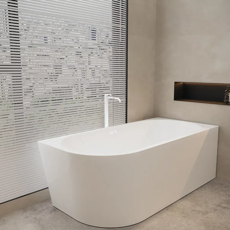 Balneo Baignoire semi-îlot Murale 170x80cm droite, accessoires blanc, Acrylique thermoformé 3.5mm, avec pieds réglables, AVOLA* Baignoire Asymétrique