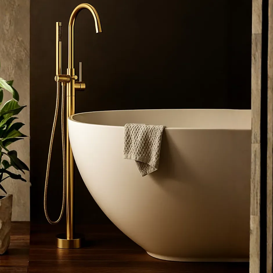 Balneo Robinet de baignoire autoportant or brillant Acier inoxydable - Mitigeur sur pied pour baignoire CASCADE