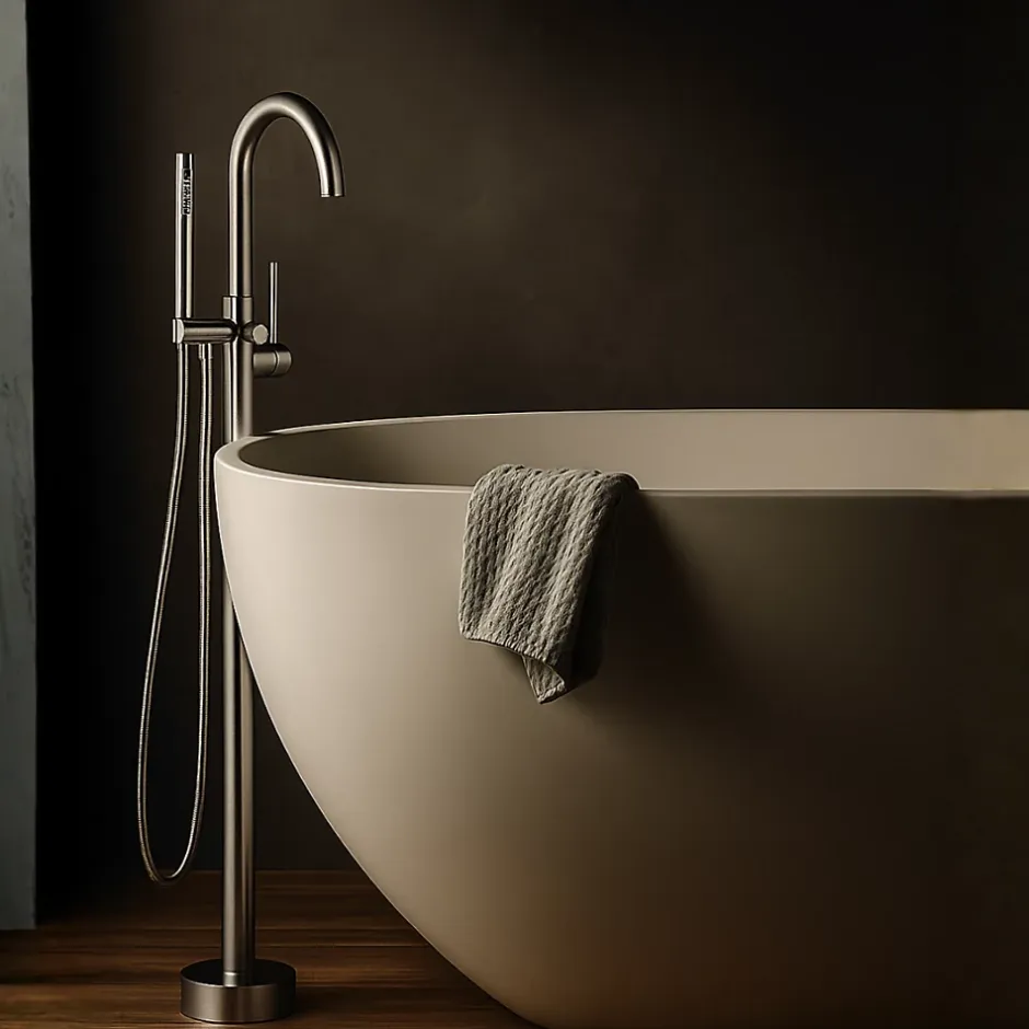 Balneo Robinet de baignoire autoportant argent brossé Acier inoxydable - Mitigeur sur pied pour baignoire CASCADE
