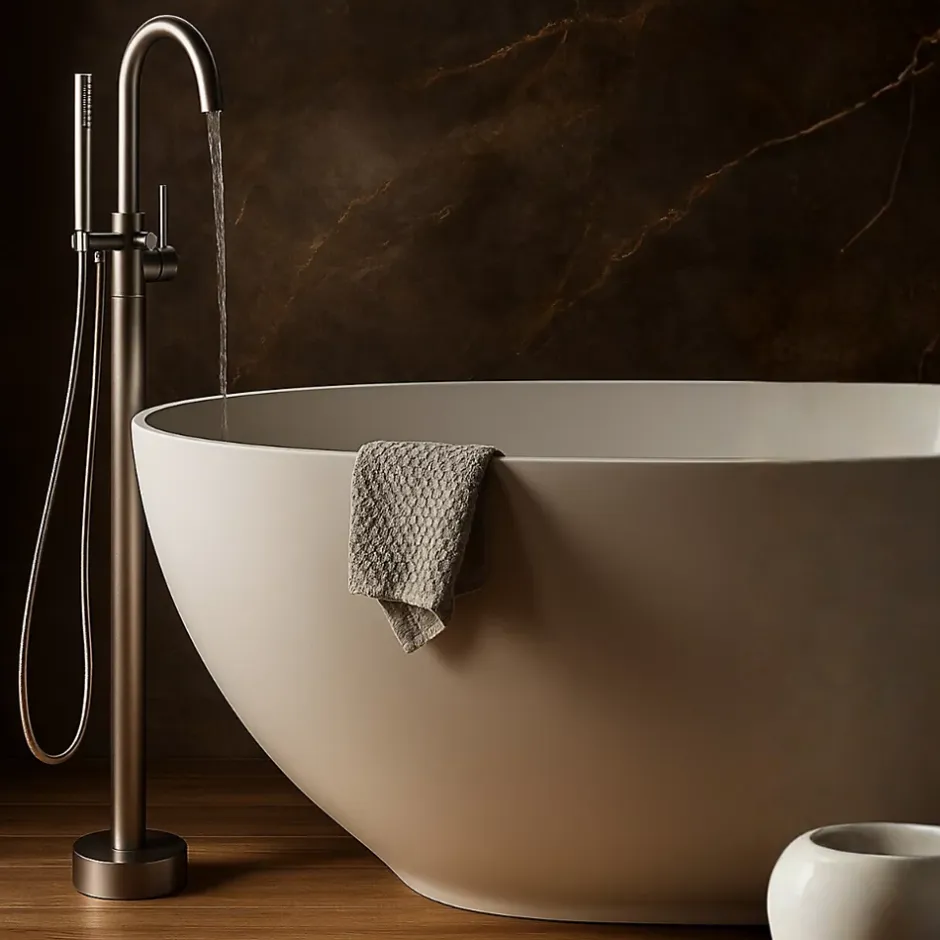 Balneo Robinet de baignoire autoportant GUN METAL gris foncé Acier inoxydable - Mitigeur sur pied pour baignoire CASCADE