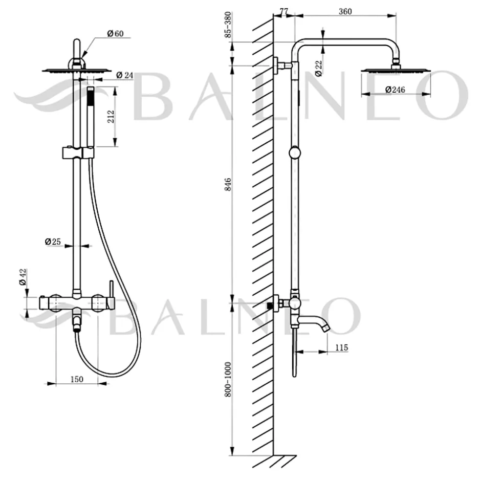 Balneo Système de douche avec pommeau de pluie argent Acier inoxydable - Mitigeur de douche avec douchette CASCADE CHROME* Colonne De Douche Mécanique