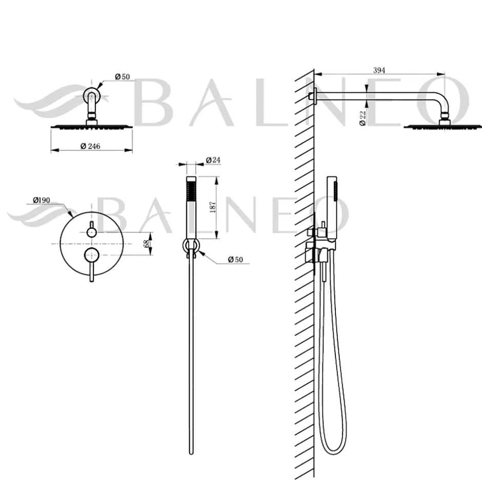 Balneo Système de douche avec pommeau de pluie or Acier inoxydable - Mitigeur de douche avec douchette CASCADE* Colonne De Douche Mécanique