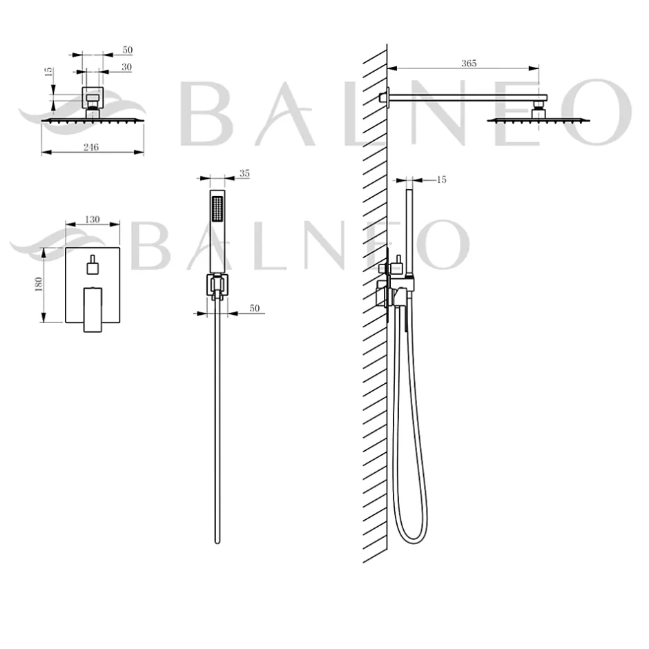 Balneo Système de douche avec pommeau de pluie argent Acier inoxydable - Mitigeur de douche avec douchette CASCADE* Colonne De Douche Mécanique