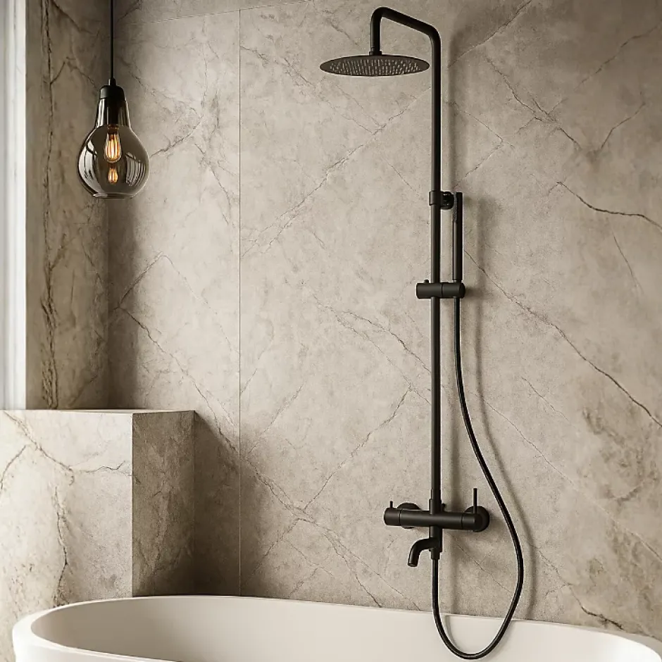 Balneo Système de douche avec pommeau de pluie noir Acier inoxydable - Mitigeur de douche avec douchette CASCADE* Colonne De Douche Mécanique