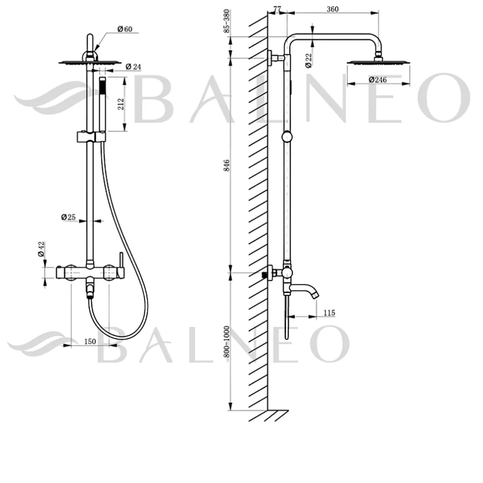 Balneo Système de douche avec pommeau de pluie noir Acier inoxydable - Mitigeur de douche avec douchette CASCADE* Colonne De Douche Mécanique