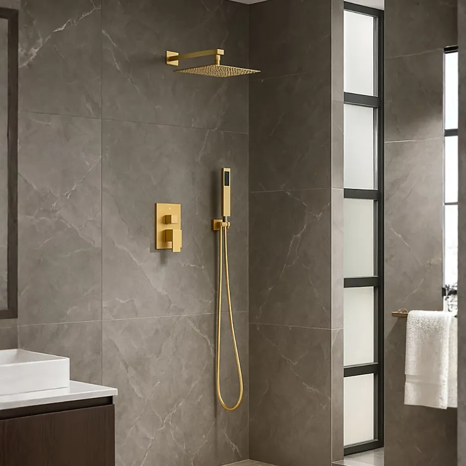Balneo Système de douche avec pommeau de pluie or brillant Acier inoxydable - Mitigeur de douche avec douchette CASCADE