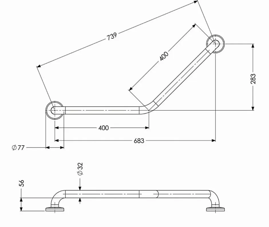 AKW Barre d'appui coudée 135 degrés - 2 points de fixation - 400 x 400 mm - Charge maximale : 150 kg