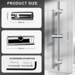 Todot Barre de douche 70cm en Acier Inoxydable Chromé avec Fixations ajustables* Colonne De Douche Sans Robinetterie