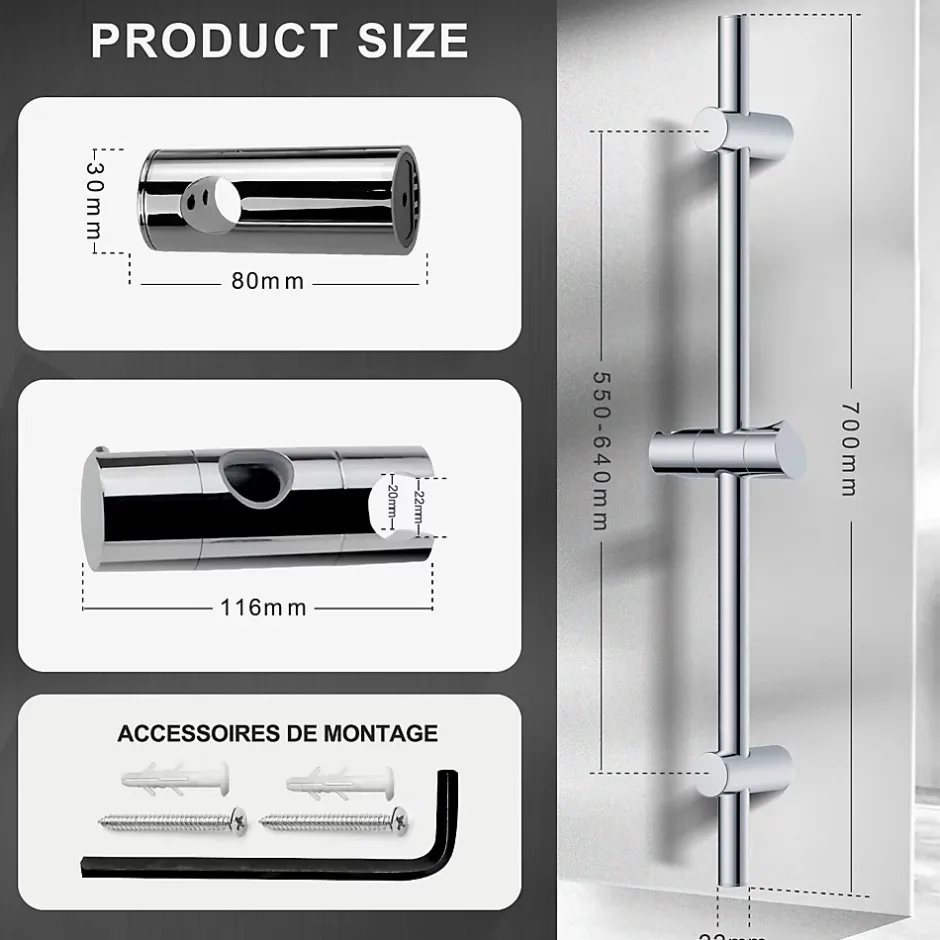 Todot Barre de douche 70cm en Acier Inoxydable Chromé avec Fixations ajustables* Colonne De Douche Sans Robinetterie
