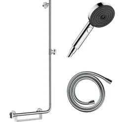 Hansgrohe Barre de douche PMR Unica 110 avec poignée à gauche Chromé + Pommeau de douche Pulsify 3 jets + flexible Isiflex 160cm